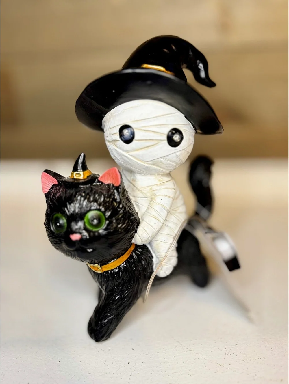 Halloween Mummy Riding Black Cat Figurine - Light Up Eyes Witch Hats 8